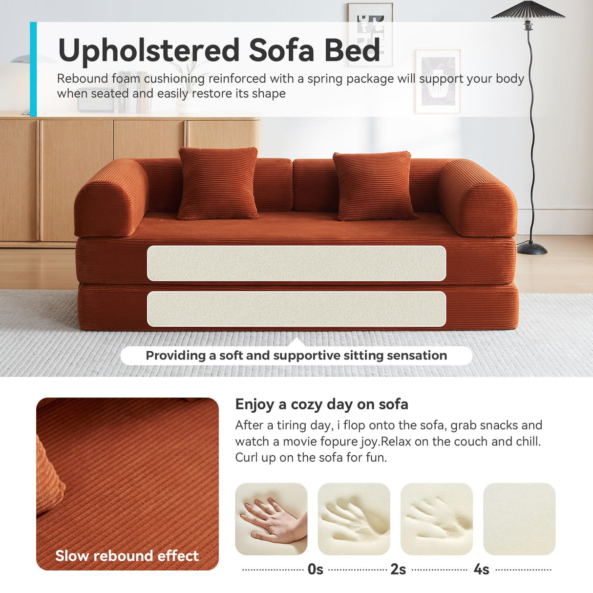 QQR Convertible Sleeper Sofa Bed with Cylindrical Pillow, Modern Corduroy Futon Bed, Modular Sofa with Pull-Out Bed, Love Seat Sleeper for Living Room, Small Space Apartment, Office (Orange) QQR