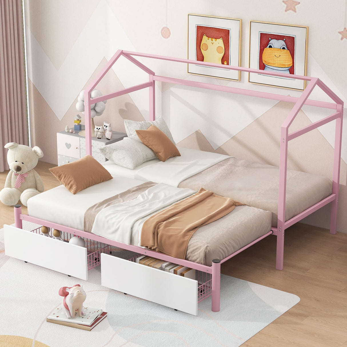 HZSMHDZKJ Twin XL to King Metal Twin Size House Platform Bed with 2 Storage Drawers,Modern Bed Frame with Roof for Kids Teen Girls Boys Bedroom Furniture,No Box Spring Needed (Pink-010, Twin XL) HZSMHDZKJ