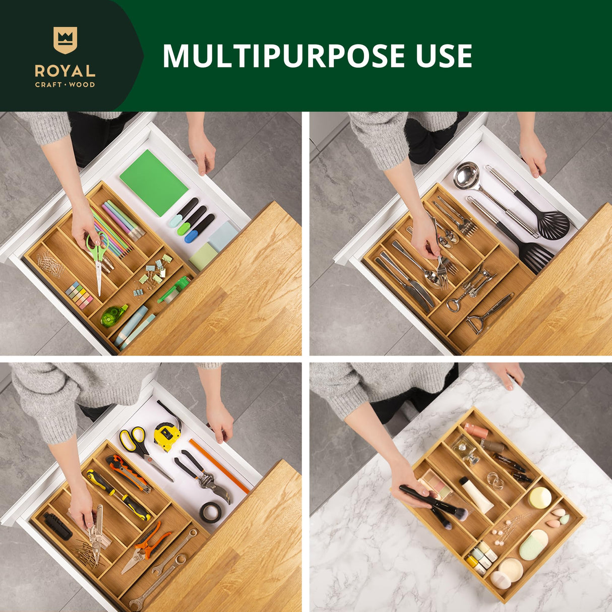 ROYAL CRAFT WOOD Luxury Bamboo Utensil Rack and Silverware Organizer, Kitchen Drawer Organizer - Utensil Holder and Cutlery Tray with Grooved Drawer Dividers for Flatware 7 Slot, Natural ROYAL CRAFT WOOD