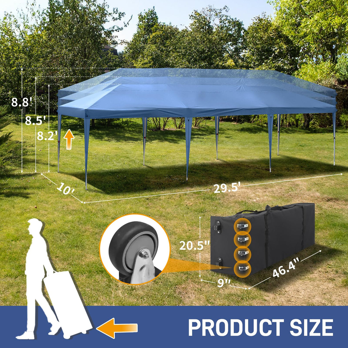 Outvita 10x30ft Ez Pop Up Canopy, Portable Instant Canopy Tent with 8 SideWalls for Outdoor Events, Party, Wedding, Birthday,Graduation Blue Outvita