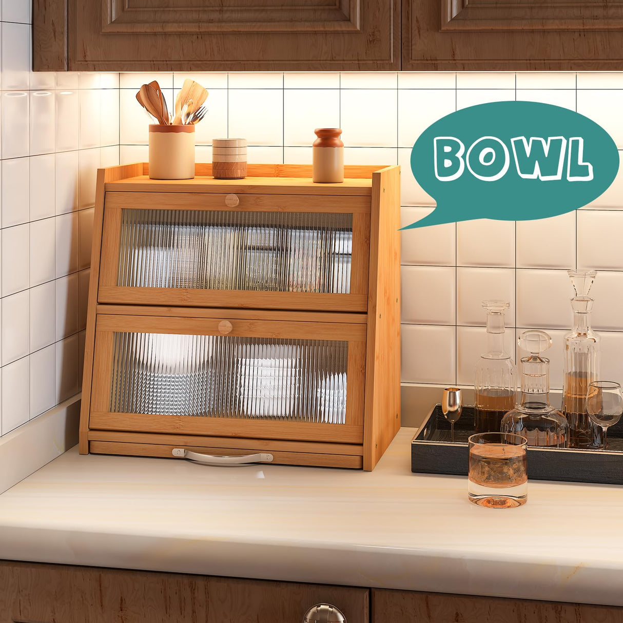 viewcare Large Bread Box for Kitchen Counter With Cutting Board, 2-Tier Bread Box, Bamboo Wood Large Capacity Bread Storage Bin with Acrylic Wavy Door Panel viewcare