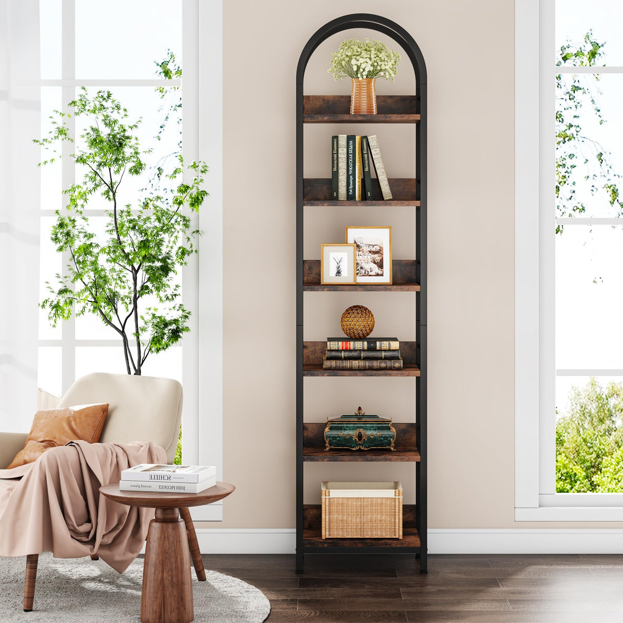 78.7" Industrial Wood 6-Tier Arched Bookshelf with Metal Frame in Rustic Brown Tribesigns