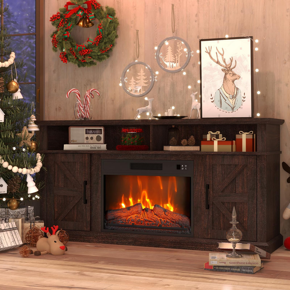 Luban Nese Fireplace TV Stand for TVs Up to 65" with 23" Electric Fireplace, Entertainment Center with Storage Cabinet and Open Shelves, Media Console with Barn Doors for Living Room (Espresso) Luban Nese