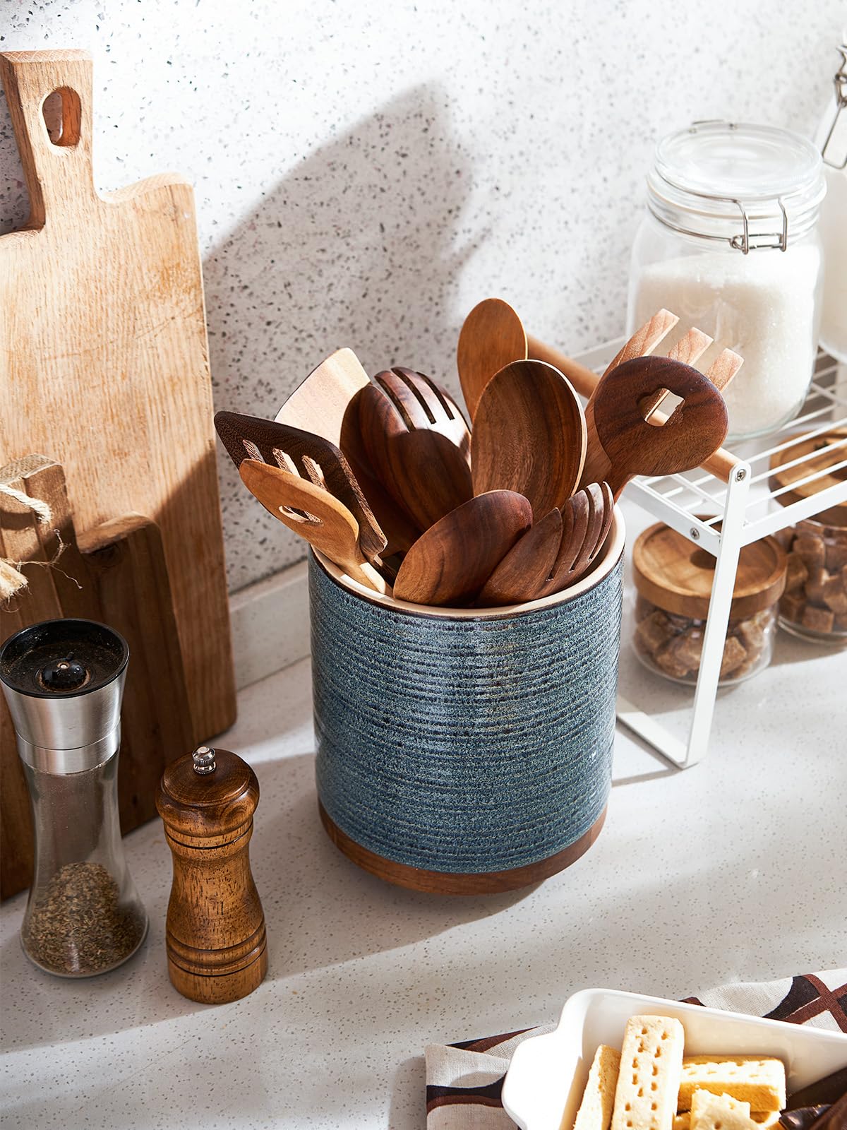 DOWAN Utensil Holder, 360° Rotating Extra Large Cooking Utensil Holder, 7.6" Kitchen Utensil Holder for Countertop, Utensil Crock for Farmhouse Kitchen Decor, Ceramic Stable Utensil Caddy, Blue DOWAN