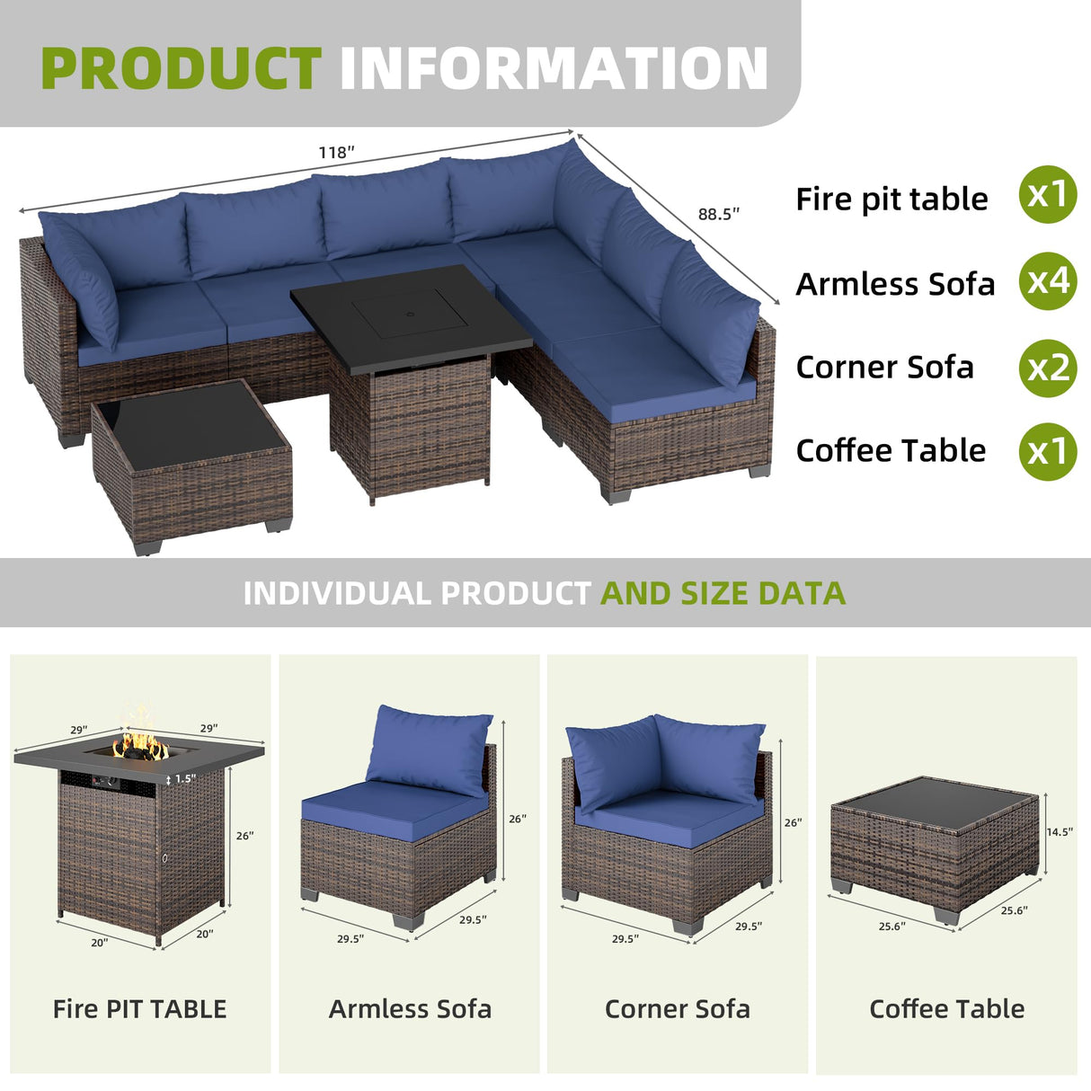 ELEGIBLISS 7/8-Piece Patio Conversation Set with Fire Pit Table, Outdoor All-Weather Rattan Sofa Sectional, Handwoven Wicker Furniture for Backyard, Easy Assembly & Weather-Resistant Design ELEGIBLISS