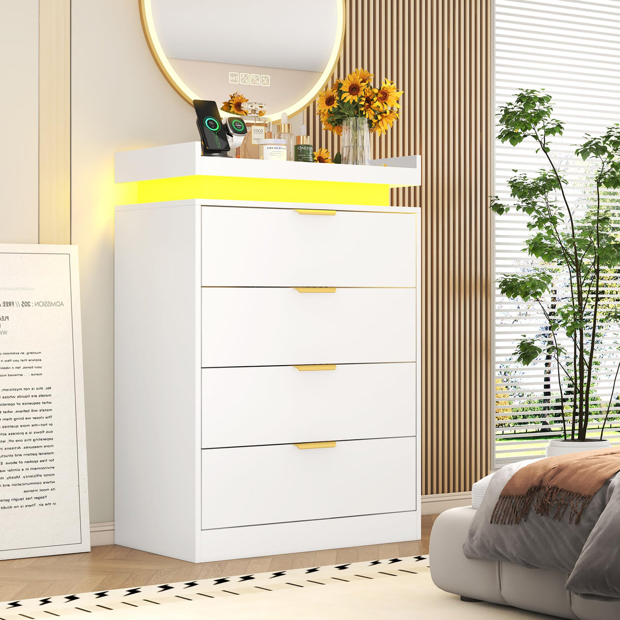 knoworld White Dresser with LED Lights, Wooden LED Dresser, 4 Drawer Chest with Charging Station, Tall Chest of Drawer Closet Organizer for Bedroom, Living Room, Entryway, Hallway knoworld
