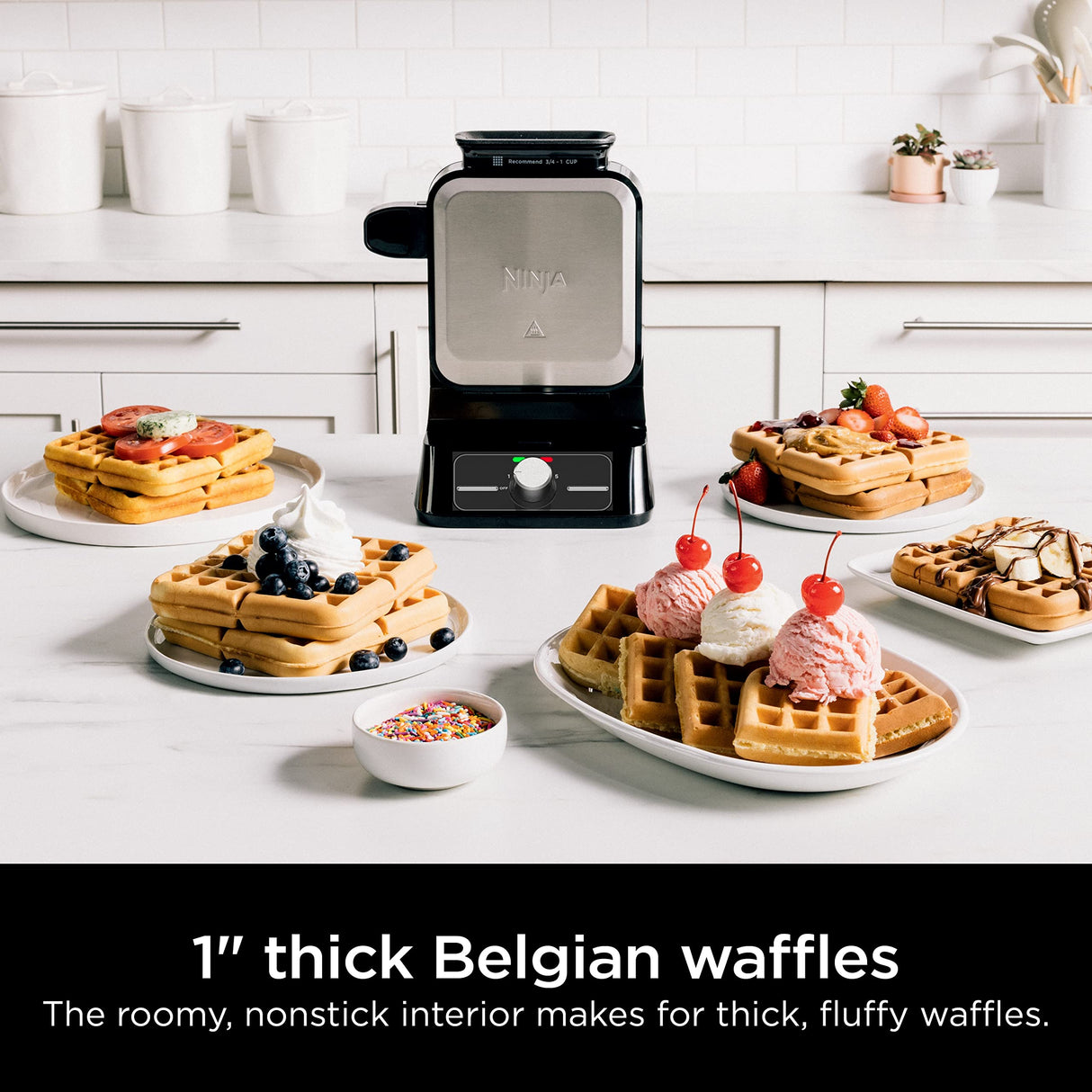 Ninja BW1000C Belgian Waffle Maker, Nonstick, 5 Shade Settings, Easy to Clean, Black/Silver, 12 inch Ninja