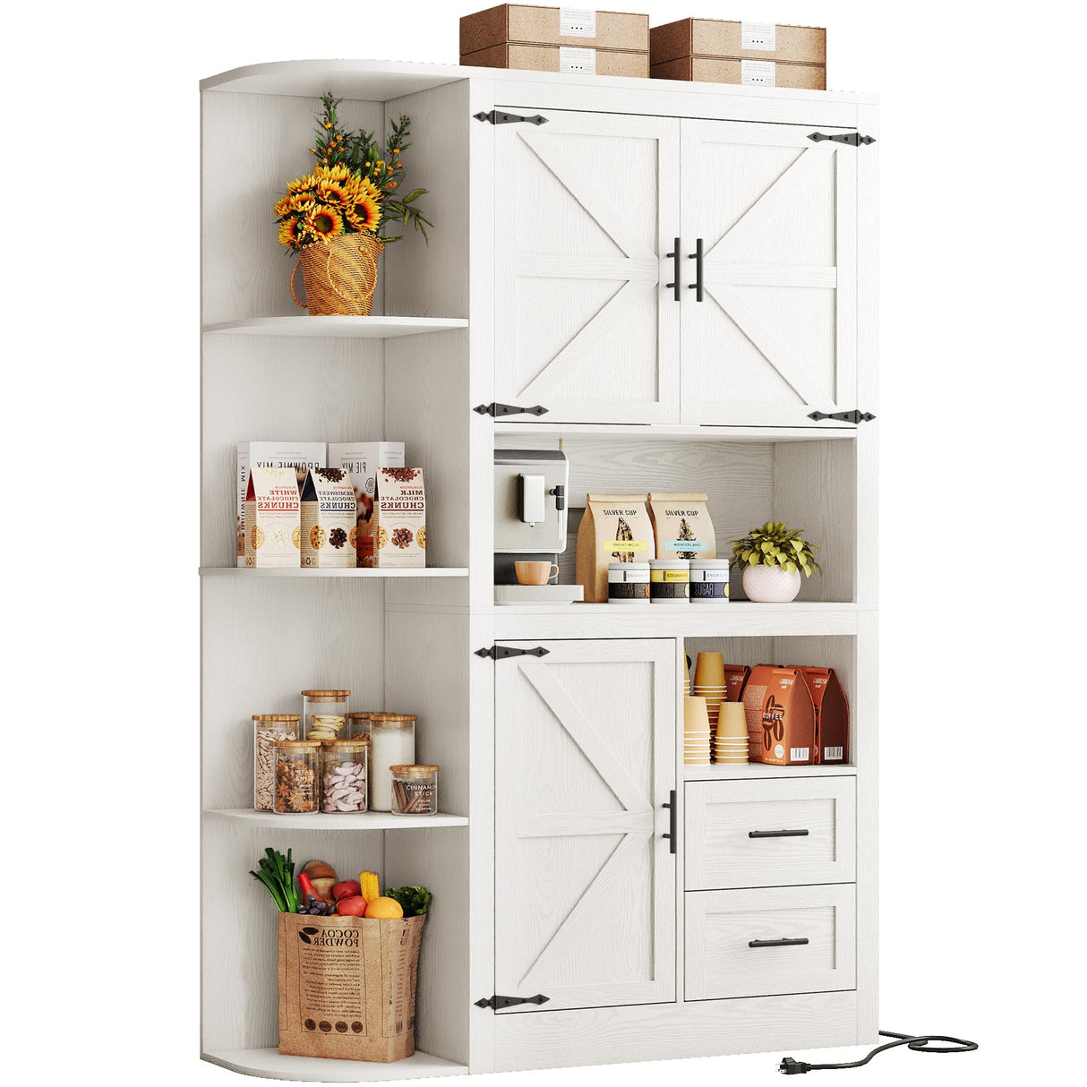 IRONCK 70" Farmhouse Kitchen Pantry, Storage Cabinet with Power Outlets, 4 Side Shelves, Buffet Sideboard with Microwave Stand, Coffee Bar with 2 Drawers, Cupboard for Dining Room, White IRONCK
