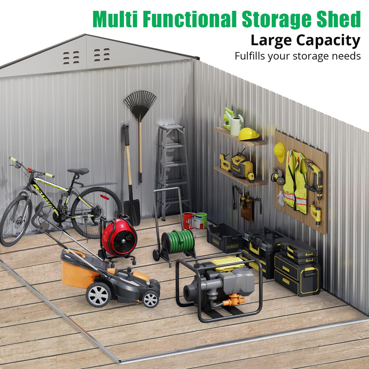 GarveeLife 8x15 Ft Outdoor Storage Shed, Steel Utility Tool Shed with Sloped Roof & Lockable Door, Backyard Garden Patio Lawn Outdoor Shed for Organising Tools and Equipment in Yard, Garden, Grey GarveeLife