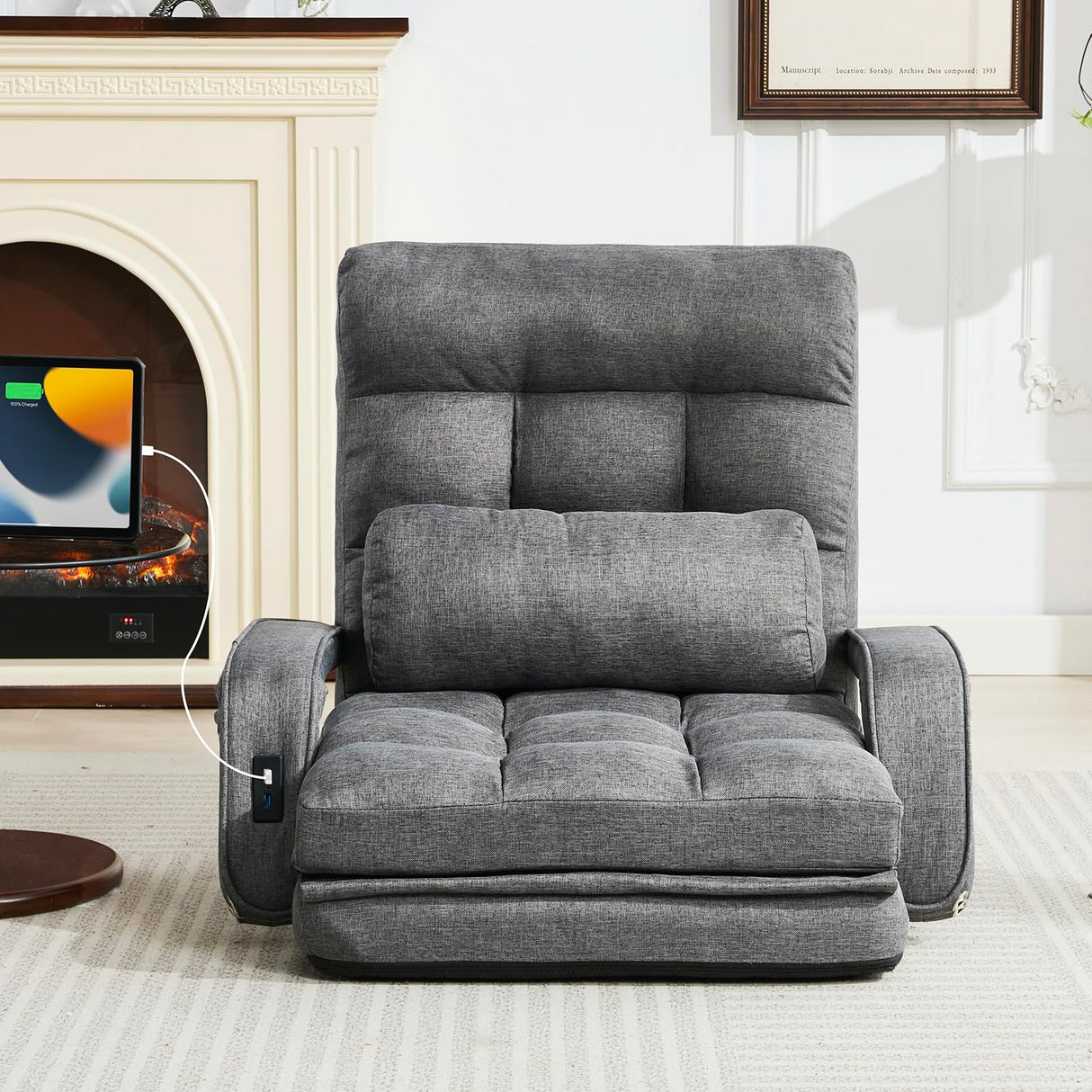 STHOUYN Folding Sofa Bed, Convertible Sleeper Chair Bed with USB, Floor Chair with 5-Position Adjustable Back Support, Small Comfy Couch for Bedroom Small Space, Cozy Chair, Apartment Dorm (Dark Grey) STHOUYN