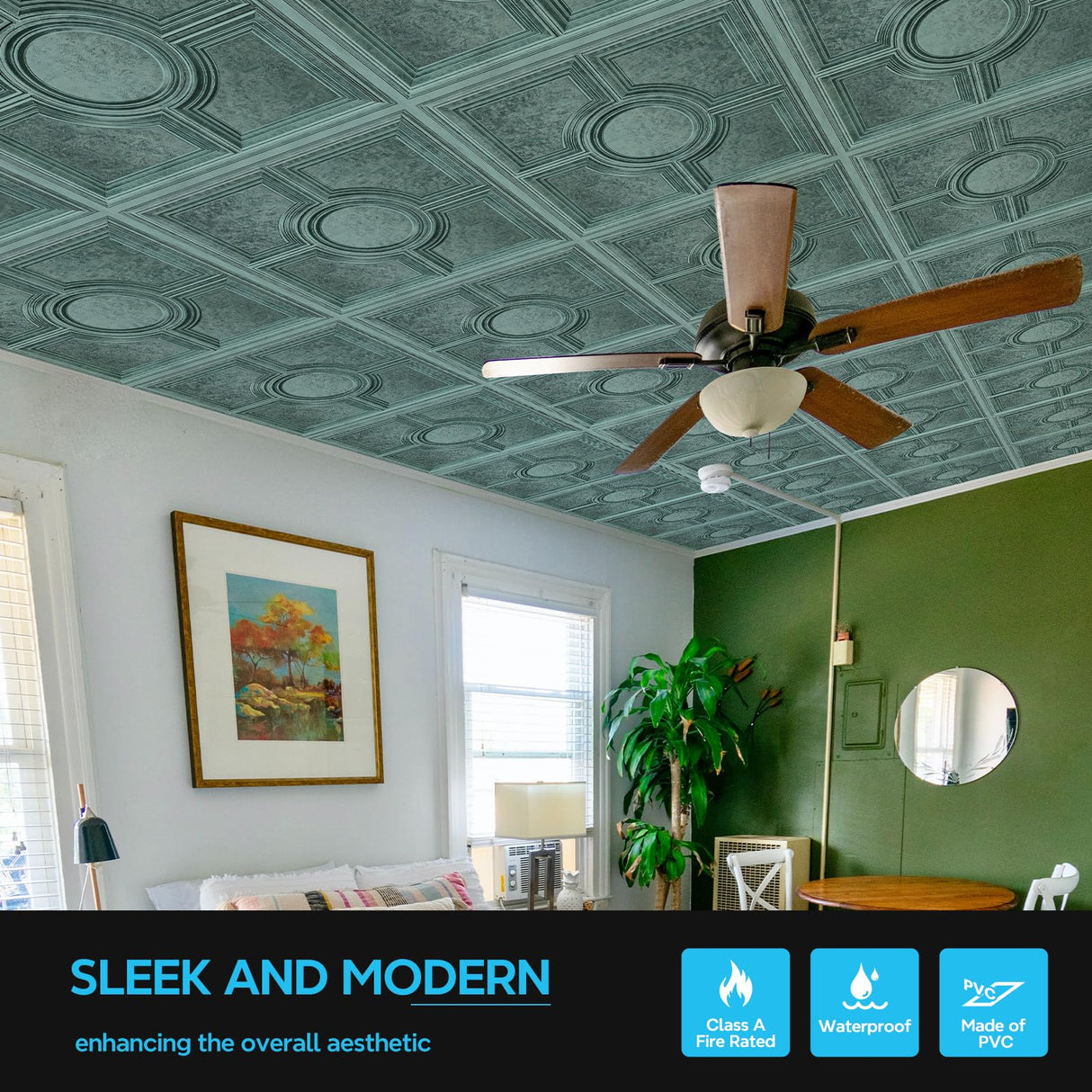 STICKGOO PVC Ceiling Tiles 24 x 24in, Antique Green Bronze Decorative Drop Ceiling Tiles,12-Pack Cover 48 Sq. Ft STICKGOO