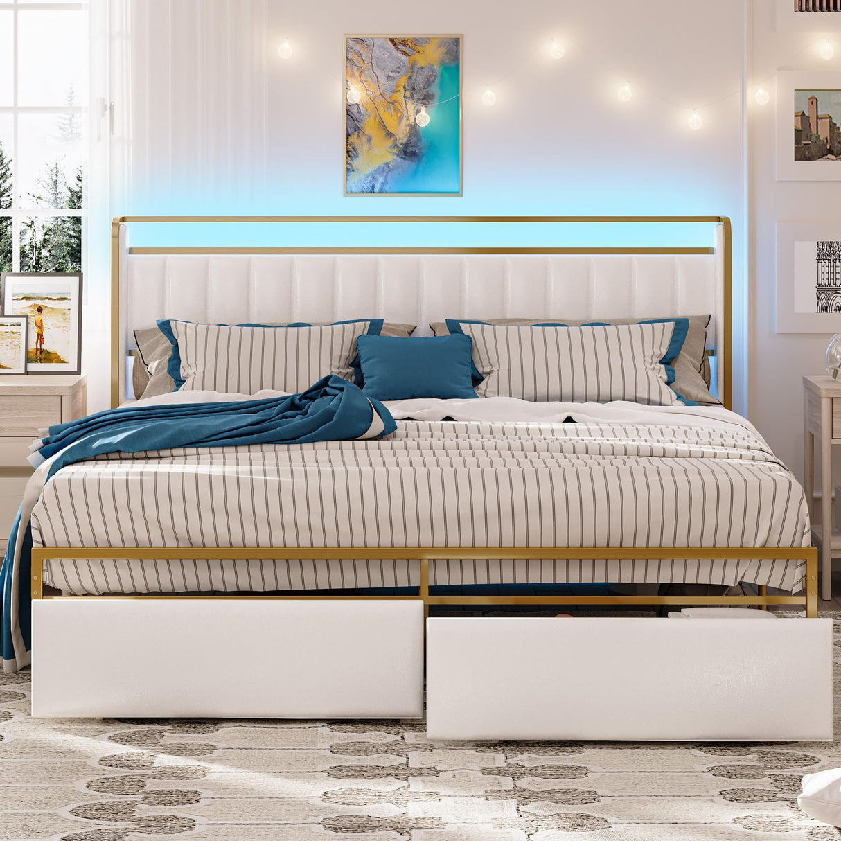 LIKIMIO Queen Bed Frame with Armrests Headboard & RGB Light, Upholstered Queen Size Bed Platform with Drawers, No Box Spring Needed, Study & No Noise, Modern Gold and White LIKIMIO
