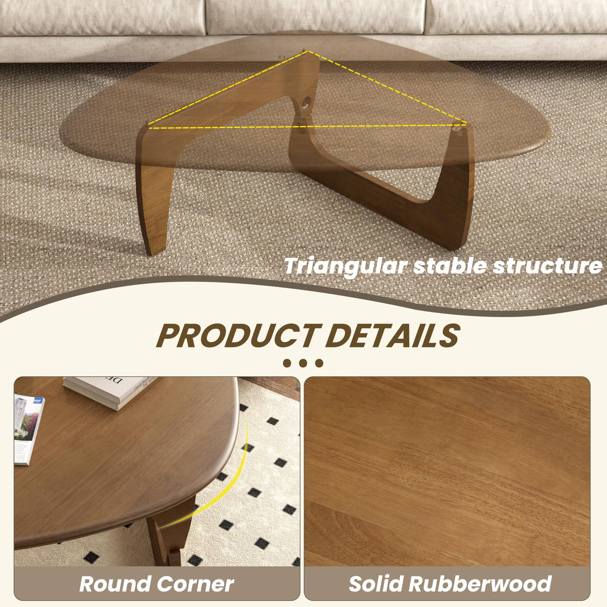 Mid Century Modern Coffee Table, Solid Wood Triangle Coffee Table for Living Room, Modern Tea Table for Home, 35.4x23.6x16.5 WFSRESTD