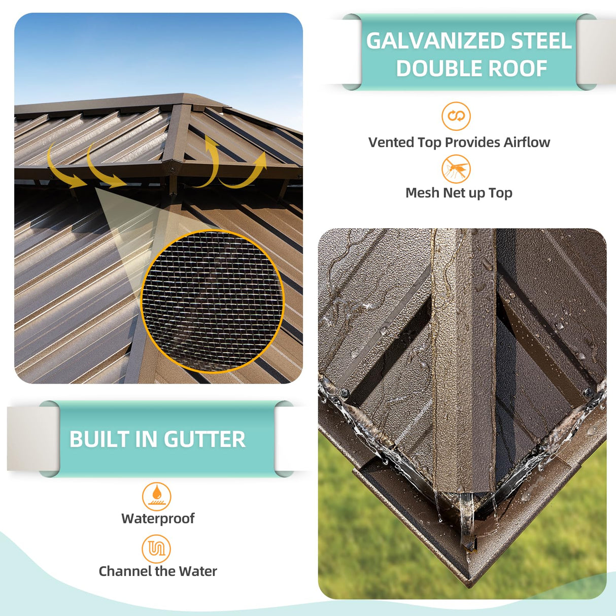 MELLCOM 12' x 22' Hardtop Gazebo,Galvanized Steel Metal Double Roof Aluminum Gazebo with Curtain and Netting,Brown Permanent Pavilion Gazebo with Aluminum Frame for Patios,Gardens,Lawns MELLCOM