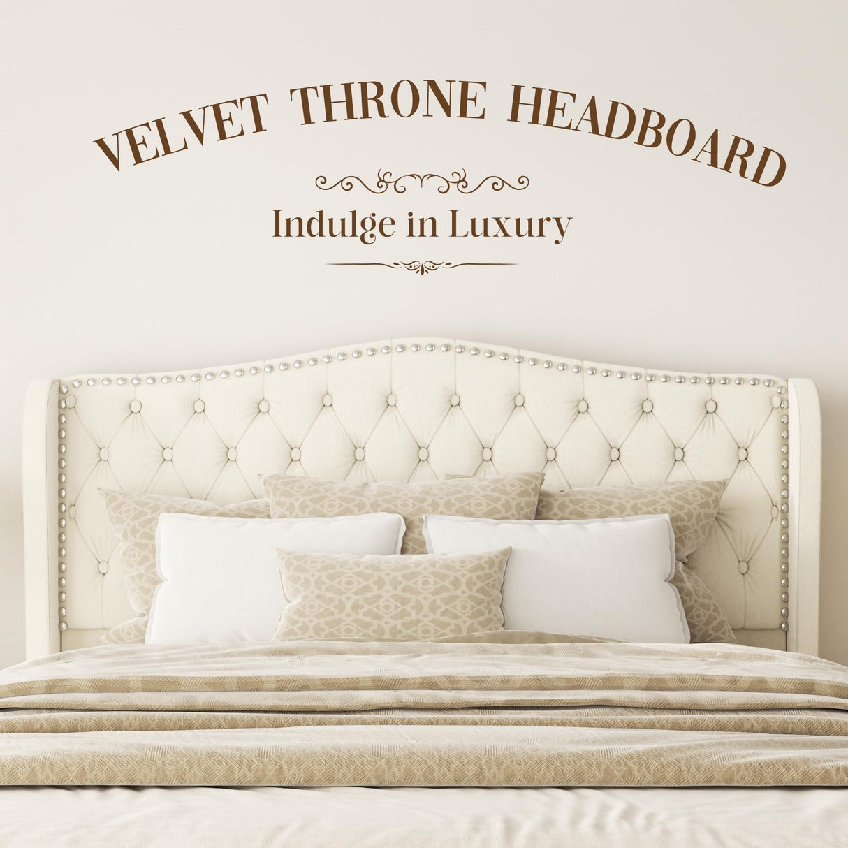 SwnftWinnt Queen Bed Frame Velvet Upholstered Platform Bed Frame with Button Tufted Tall Wingback Headboard, Low Profile, Nailhead Trim, No Box Spring Needed, Noise Free, Beige SwnftWinnt