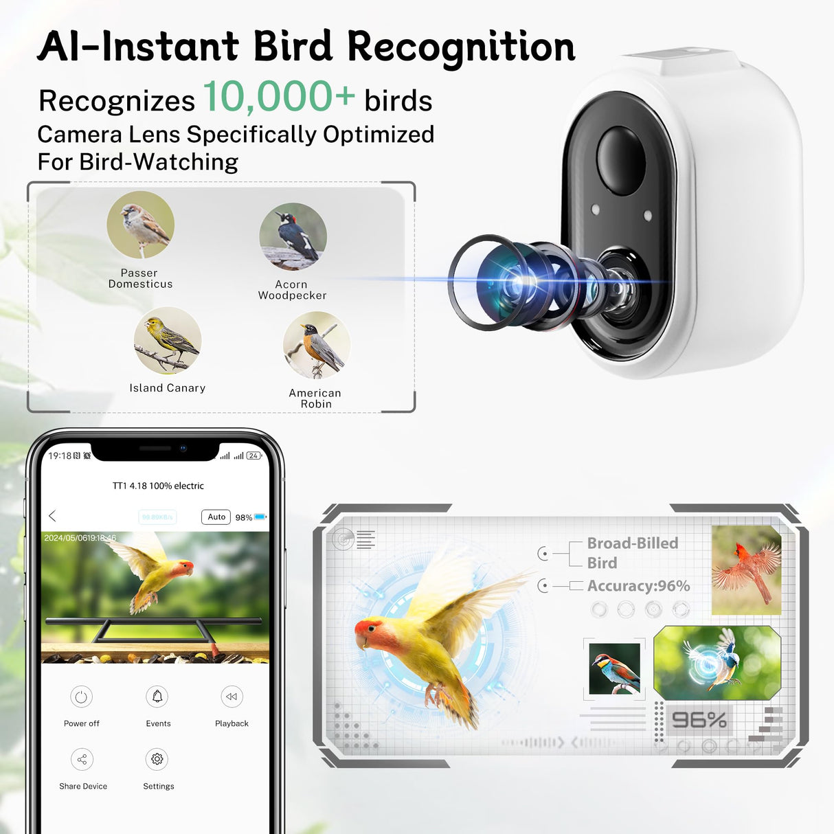 TT Nature Bird Feeder with Camera, Upgraded 1.5L Smart Bird Feeder with AI Identify for 10000 Plus Bird Species, Auto Capture Bird & Real-time Notifications, Ideal Gift for Bird Lovers (Iron Roof) TT Nature