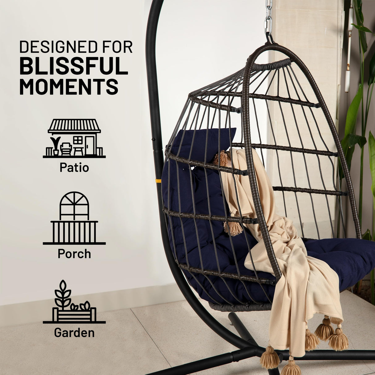 SereneLife Foldable Hanging Egg Swing – Deep Blue Rattan Wicker Chair with Stand, Waterproof Seat Cushion & Headrest, 350 lbs. Capacity – Indoor Outdoor Hammock Chair for Patio, Porch & Garden SereneLife