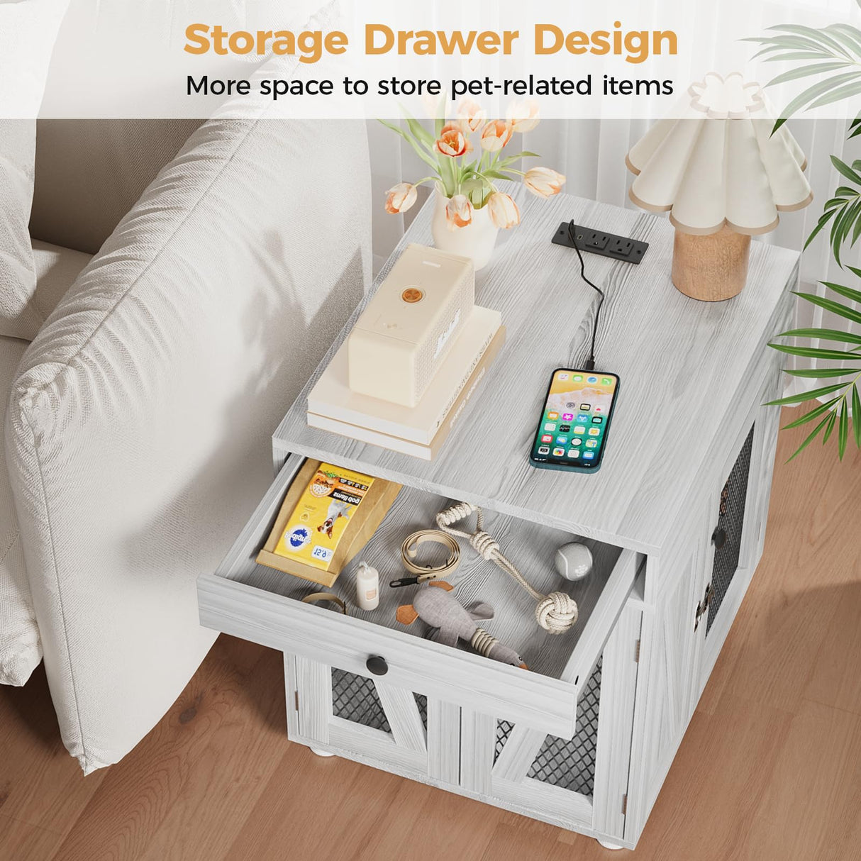 VOWNER Dog Crate Furniture, Wooden Dog Kennel End Table with USB Charging Station, Storage Drawer, Double Latched Door, Furniture-Style Crate Side Table for Small Dogs Under 25 lbs Indoor, Gray Pine VOWNER