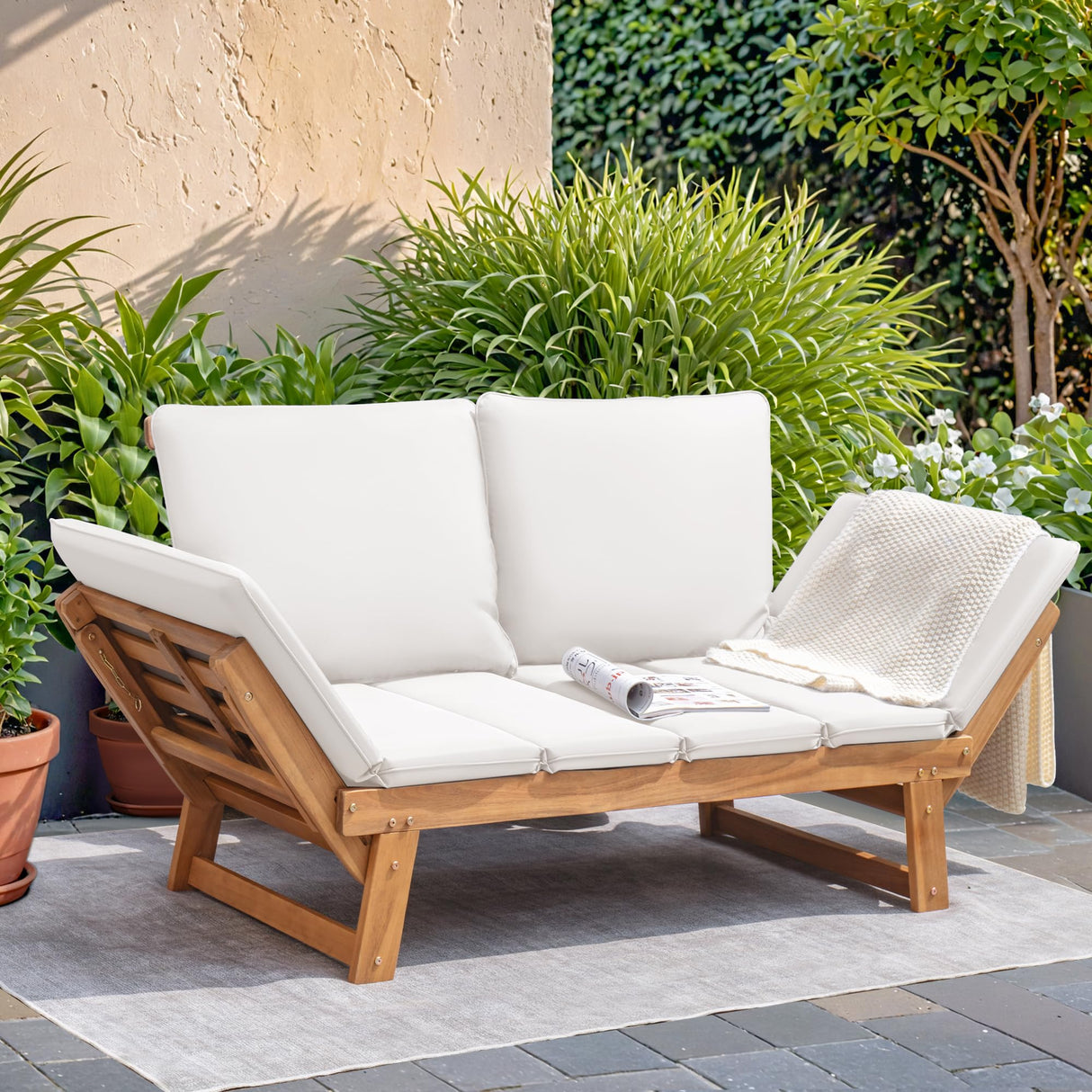Devoko Outdoor Couch Acacia Wood Patio Couch with Adjustable Armrests, Outdoor Convertible Sofa with Removable Cushions & Pillows for Patio, Porch, Poolside(White) Devoko