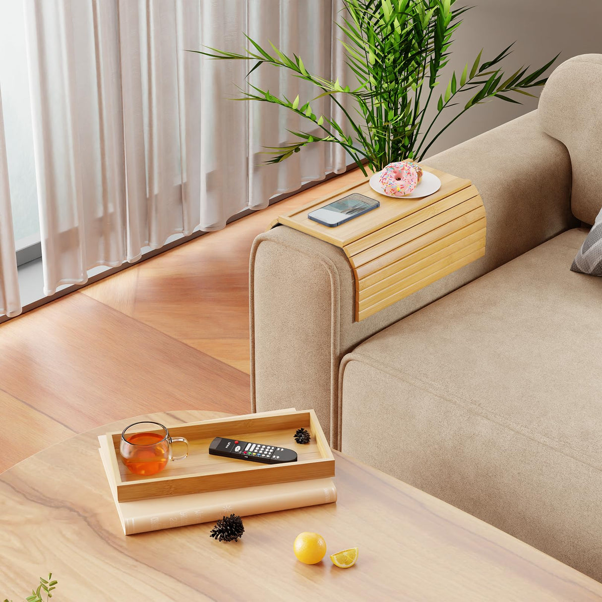 Bestjing Bamboo Sofa Armrest Tray Table for Couch - 2-in-1 Couch Arm Table Tray with Be Slide Detachable Tray - Anti-Slip Foldable Armchair Table Tray for Drinks Cup Cellphone Remote Snacks (Bamboo) Bestjing
