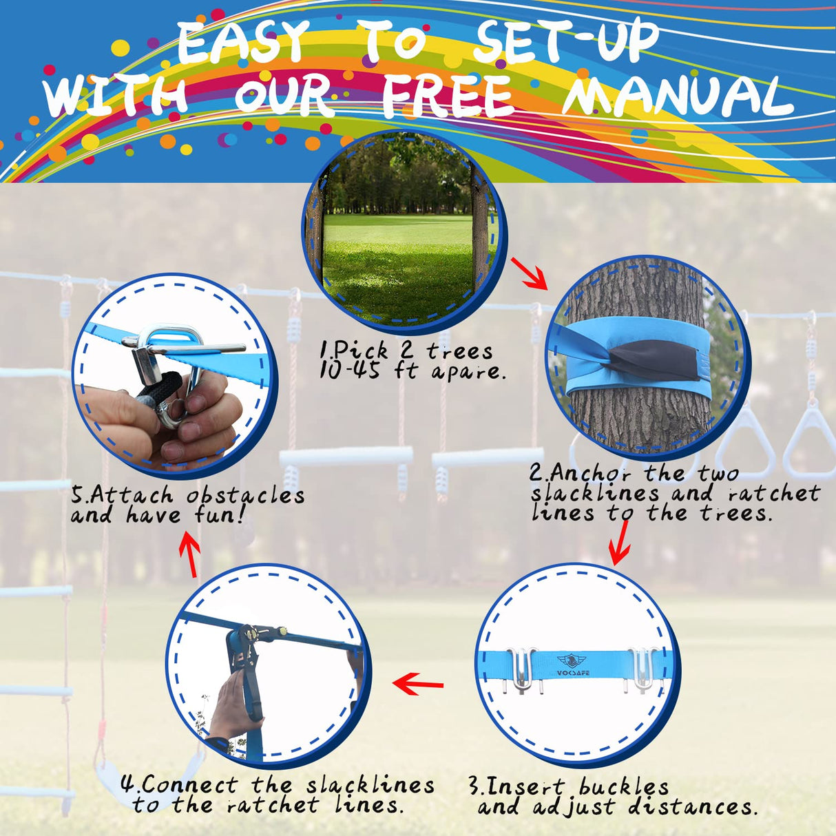 VOKSAFE Ninja Warrior Obstacle Course for Kids - Ninja Backyard Obstacle Course - 50' Weatherproof Outdoor Ninja Course Set with 10 Obstacles, Like Ladder, Swing VOKSAFE