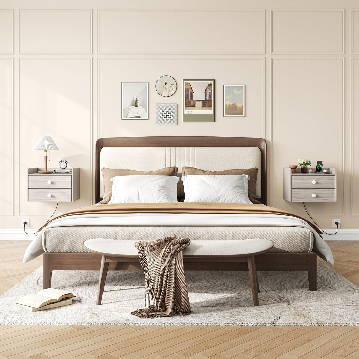 Floating Nightstand Set of 2 with 2 Storage Drawers and Charging Station Wood Wall Mounted Bedside End Table Modern Night Stands Set 2 for Bedroom,Living Room,Home Office,Small Space,Grey Vabches