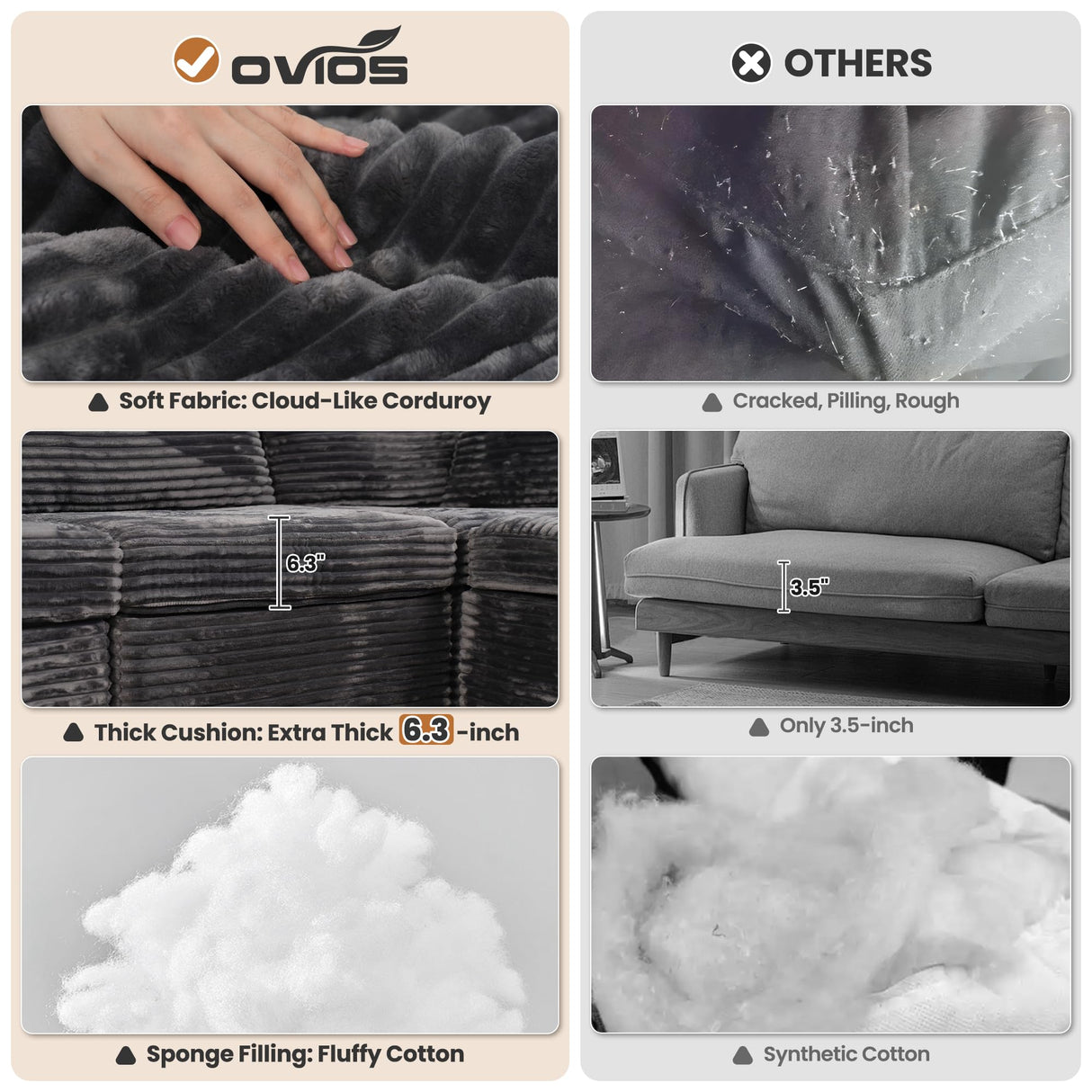 ovios Modular Sectional Sofa Couch with L-Shape Chaise Ottoman, Comfy Plush Corduroy Cloud Couches, Modern Deep Seat Sofas Set for Living Room, 5-Seater, Grey ovios