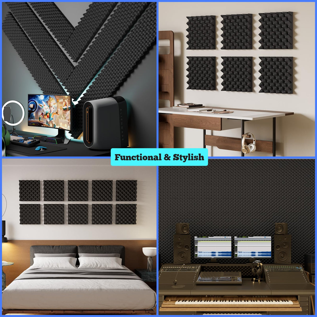 16 Pack Acoustic Foam,12x12x2 inches Sound Proof Foam Panels for Walls, Premium Egg Crate Panel Studio Foam Wall Panel (Black) FOUCARSI