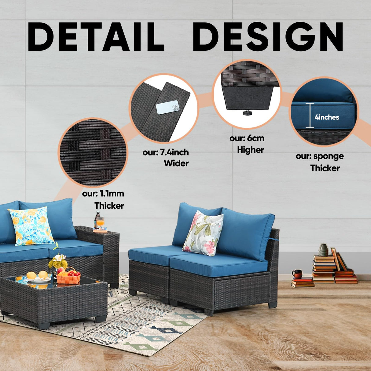 TerraRelax Patio Furniture Set 7 Pieces All Weather Patio Conversation Sets Wicker PE Rattan Outdoor Sectional Couch Sofa Set with Cushion Ottoman Table for Garden, Backyard, Poolside Peacock Blue TerraRelax