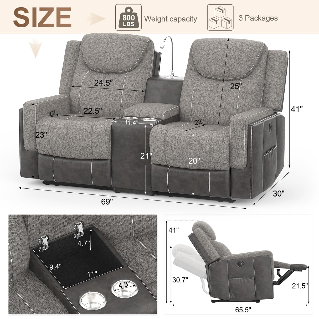Dresegmt Loveseat Recliner, Manual Reclining Loveseat Sofa with Reading Light, Chic Blend Style Sofa, Storage Console, Cup Holders, USB Ports, Fabric & PU Leather, Recliner Couch for Living Room/RV Dresegmt