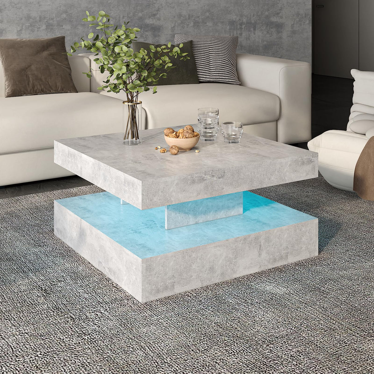 HedoAjim Grey LED Coffee Table for Living Room, Living Room Table 2-Tier Square Middle Center Table, Modern Coffee Tables with Storage, Contemporary Wood Tea Tables for Dining Reception HedoAjim