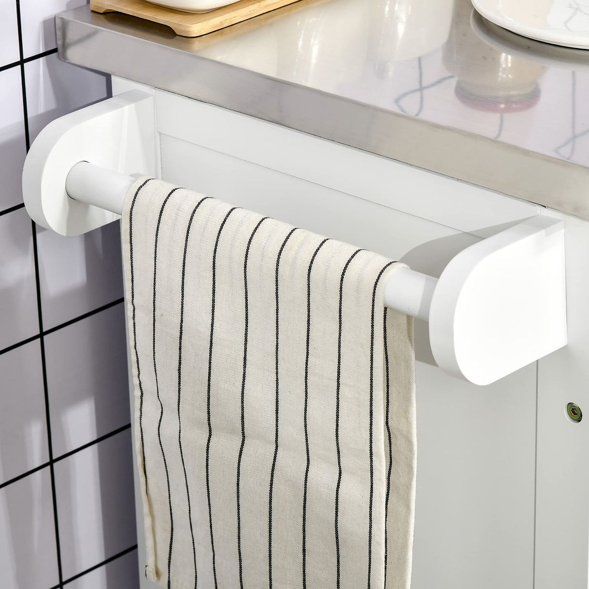 HOMCOM Kitchen Island on Wheels, Rolling Kitchen Cart with Stainless Steel Countertop, Drawer, Towel Rack and Spice Rack, Utility Storage Trolley, White HOMCOM