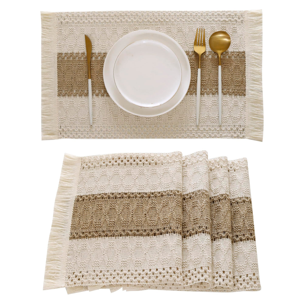 Tosleo Boho Placemats Set of 4 Macrame Table Decor with Fringe Farmhouse Woven Placemats in Natural Burlap for Kitchen and Dining Table Centerpiece Home Decorations,Khaki Tosleo