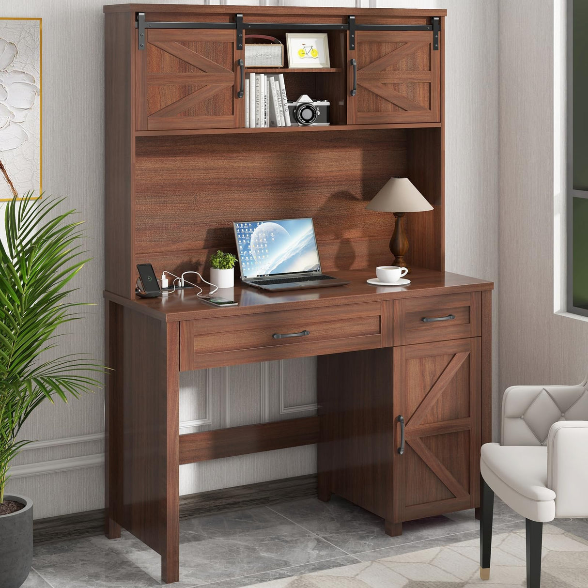 Farmhouse 47" Executive Desk, Computer Desk with Storage Cabinet and Drawers, Workstation Computer Desk with Hutch for Home Office Vabches