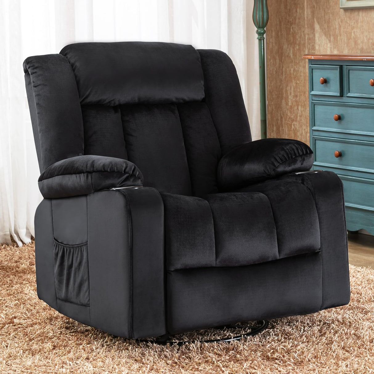 COMHOMA Recliner Chair,360° Swivel Rocker Glider Recliners with Cup Holders, Upholstered Fabric Rocking Chair for Adults,Manual Reclining Single Sofa for Living Room,Black COMHOMA