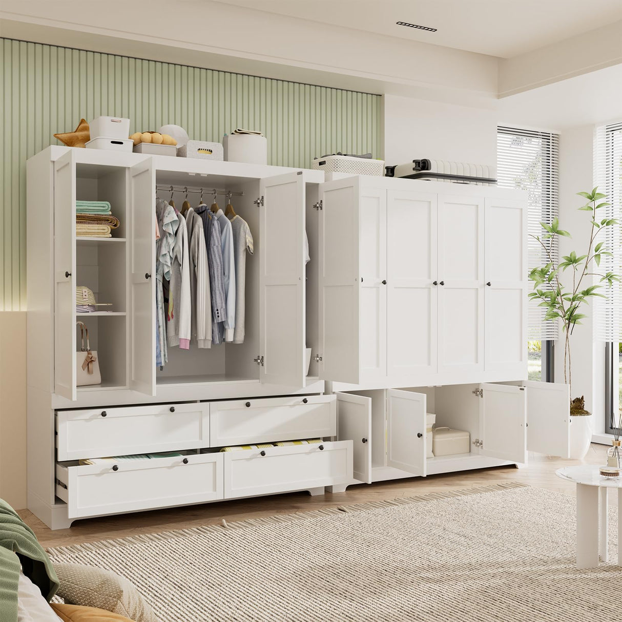 PLANNTONNEO Large White Wardrobe Closet with Drawers, Modular Closet System with Doors and Hanging Rods, Tall Large Armoire Ample Storage, Big Bedroom Armoires (8 Doors/White) PLANNTONNEO