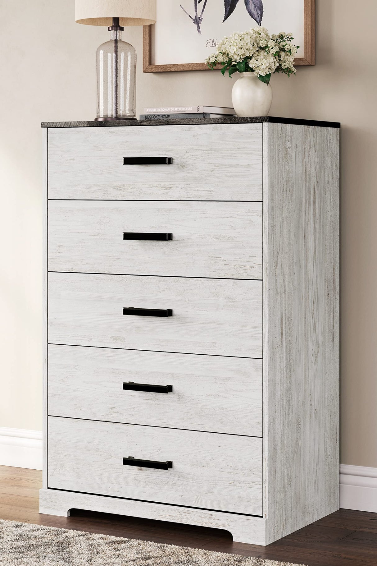 Signature Design by Ashley Shawburn Rustic 5 Drawer Chest of Smooth-Gliding Drawers and Safety Stop, White & Gray Signature Design by Ashley