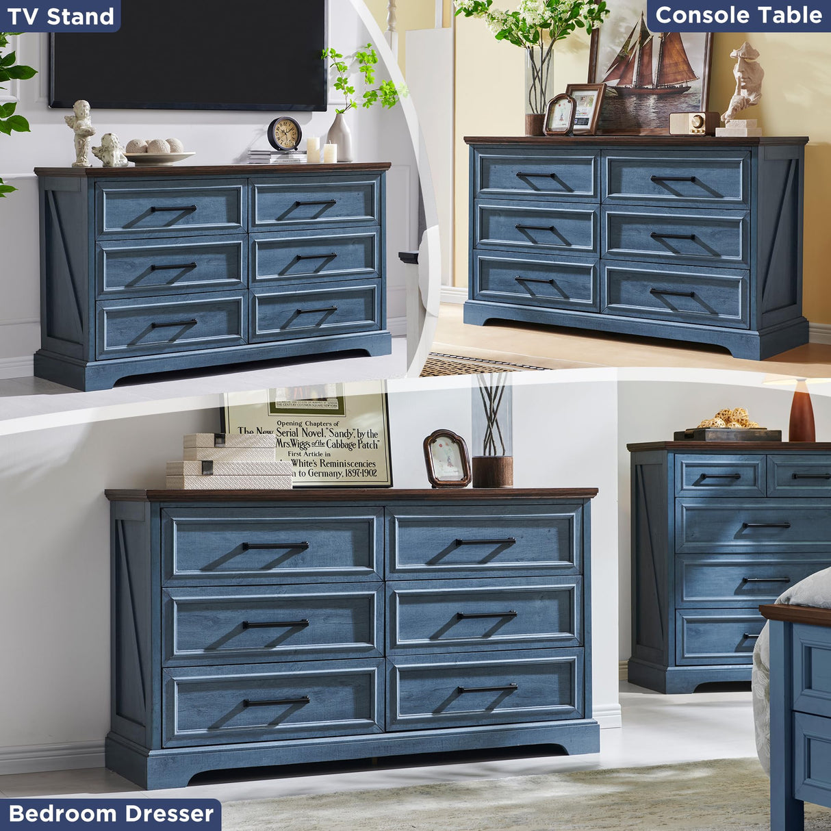 ACCOHOHO Farmhouse 6 Drawer Dresser for Bedroom, 52 Inch Wide Modern Dresser TV Stand with Large Drawers & Bar Handles, Rustic Wood Chest of Drawers for Bedroom, Living Room, Hallway, Blue ACCOHOHO