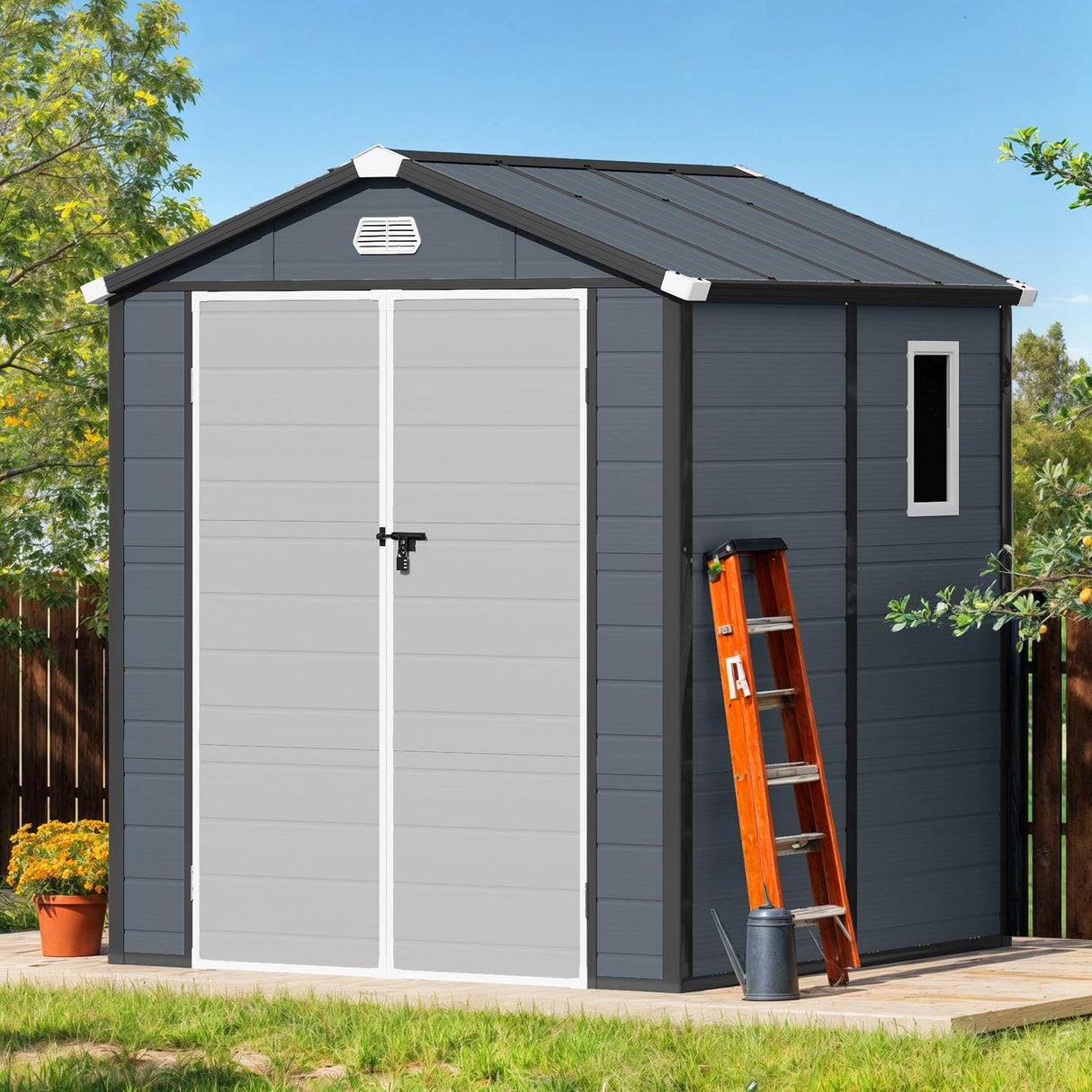DWVO 6x6FT Outdoor Storage Shed w/o Floor, All-Weather Plastic Shed with Lockable Doors, Window & Vents, Plastic Tool Shed for Backyard, Patio, Poolside, Lawn, Gray DWVO