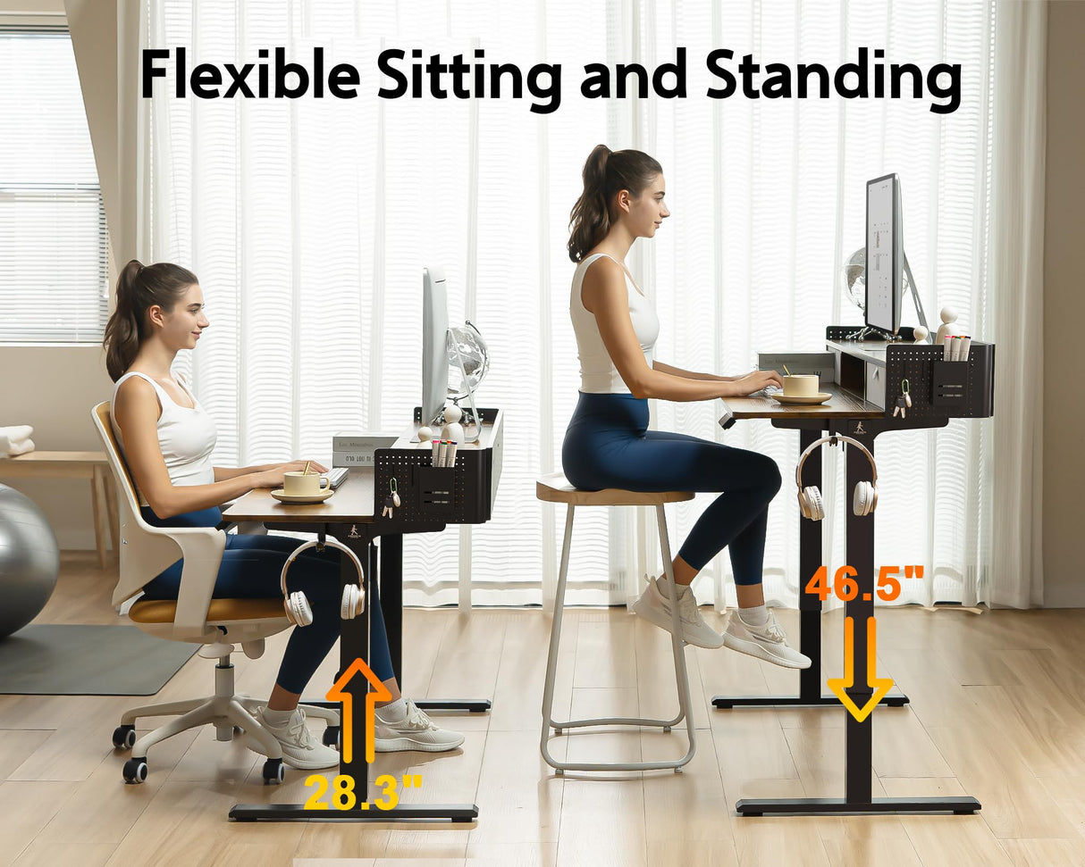 WALKINGDESK 48x24 Inches Electric Standing Desk with 2 Drawers, Height Adjustable Stand up Desk for Home Office, Ergonomic Sit to Stand Desk with Storage Shelf, DIY Board, Hooks, Rustic Brown WALKINGDESK