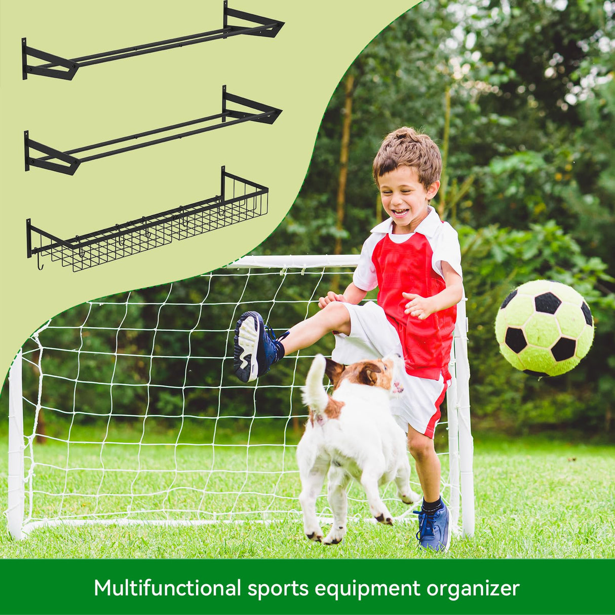 YBING Sports Equipment Organizer with 3 Separate Shelf, Ball Racks for Garage, Garage Sport Equipment Organizer with Hooks,Wall Mount Sports Holder Storage, Black YBING