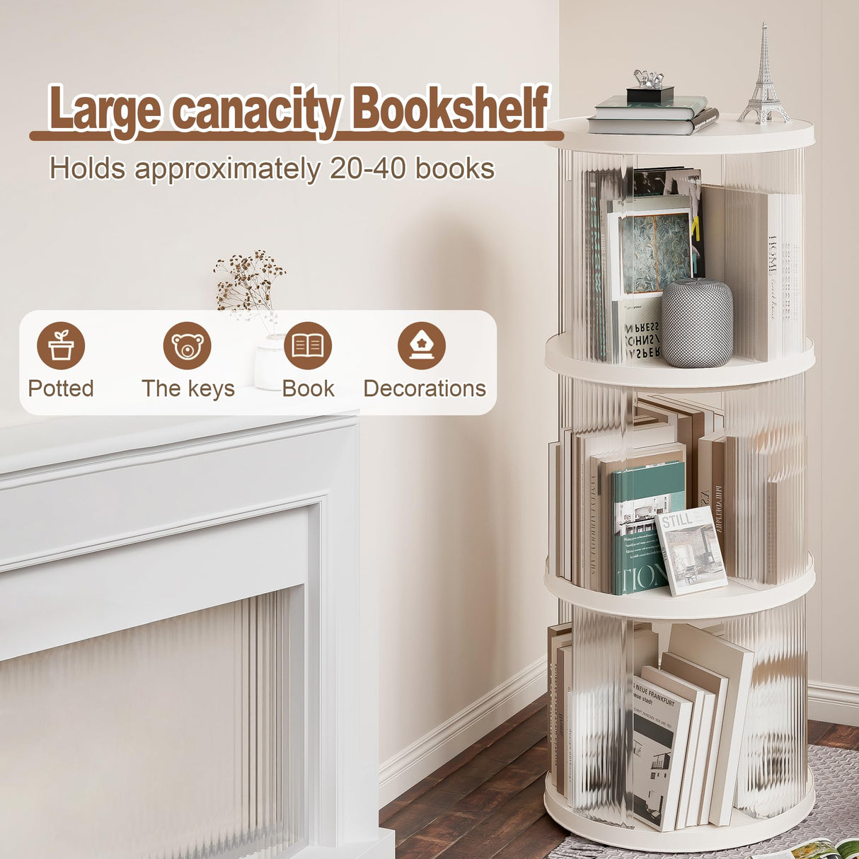 360° Rotating Bookshelf for Small Spaces, Display Rack, Modern Acrylic Corner Spinning Bookshelf with Turntable, 3 Tier Floor Standing Bookcase For Kids Adults, Book Organizer for Bedroom, Living Room Montary