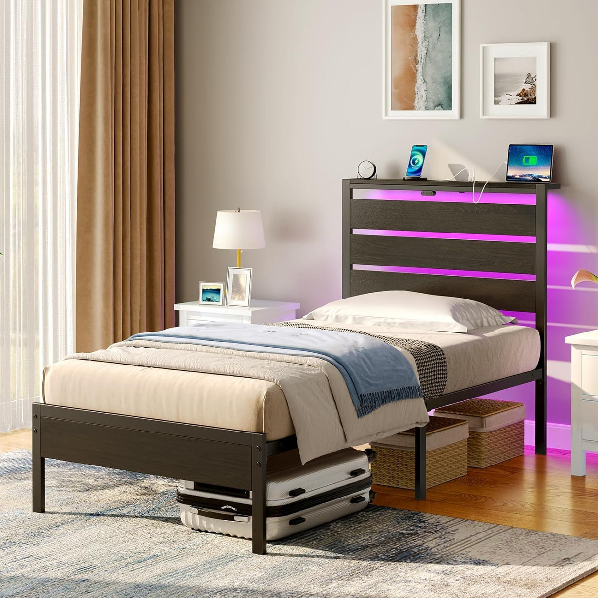 Rolanstar Bed Frame Twin Size with USB Charging Station, LED Bed Frame with Wood Storage Headboard, Black Metal Platform Bed with Under Bed Storage, No Box Spring Needed, Noise Free Rolanstar
