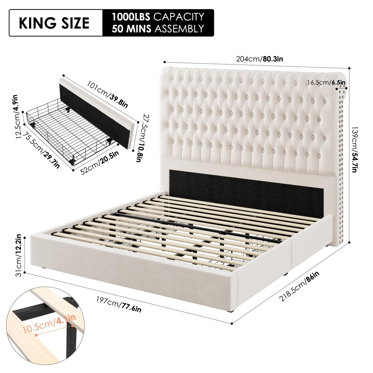 King Size Bed Frame 55" Tall Headboard with Gorgeous Button Tufted and Nail, Velvet Fabric Upholstered Bed Frame includes 4 Under-bed Storage Drawers, Wooden Slats, Noise-Free, Easy Assembly, Beige Keyluv