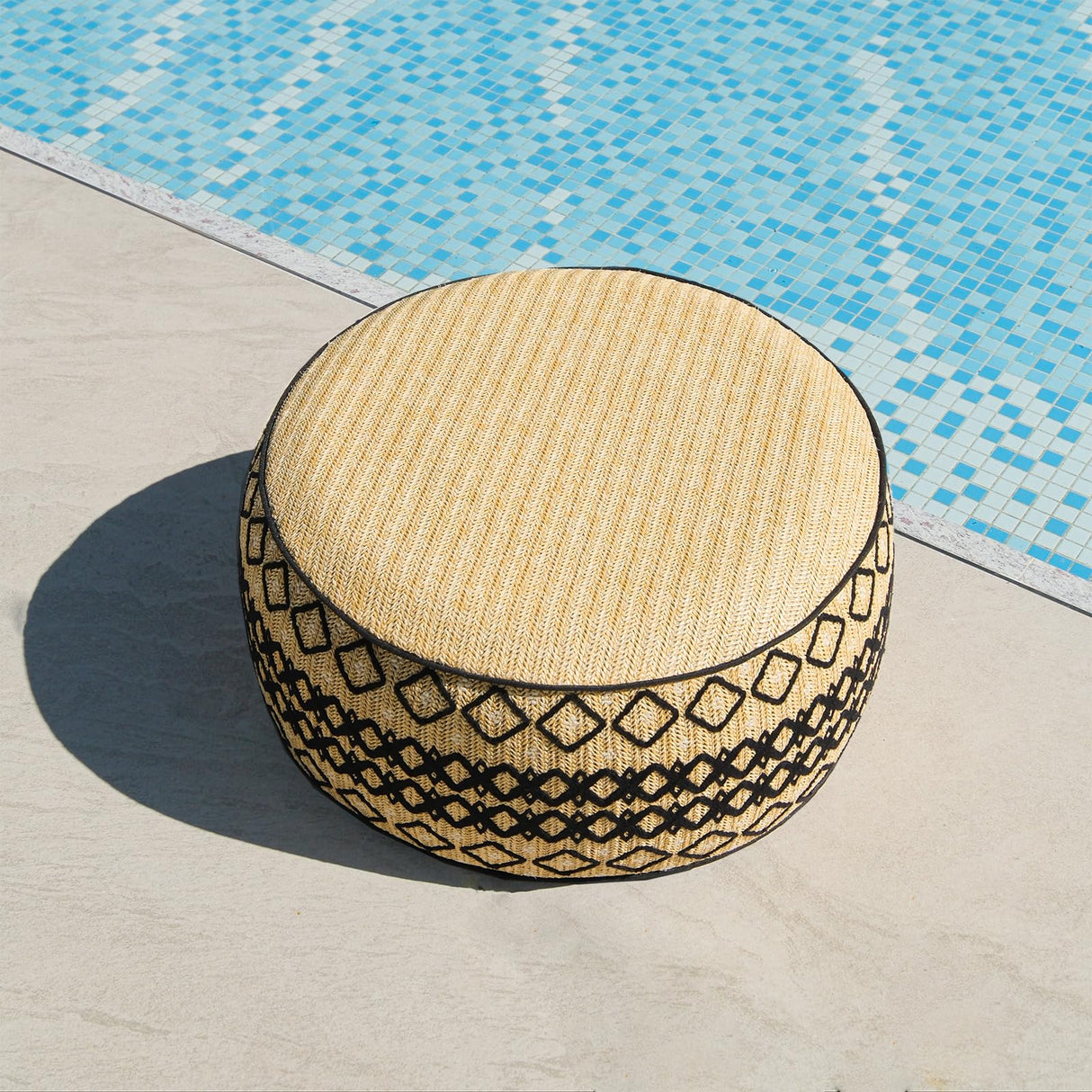 GLADTRAX Outdoor Inflatable Ottoman with Air Pump, Embroidery Patio Footrest Stool D21”x H9”, Round Pouf Ottoman with Portable Handle Suitable for Garden, Camping, Bedroom, Living Room GLADTRAX