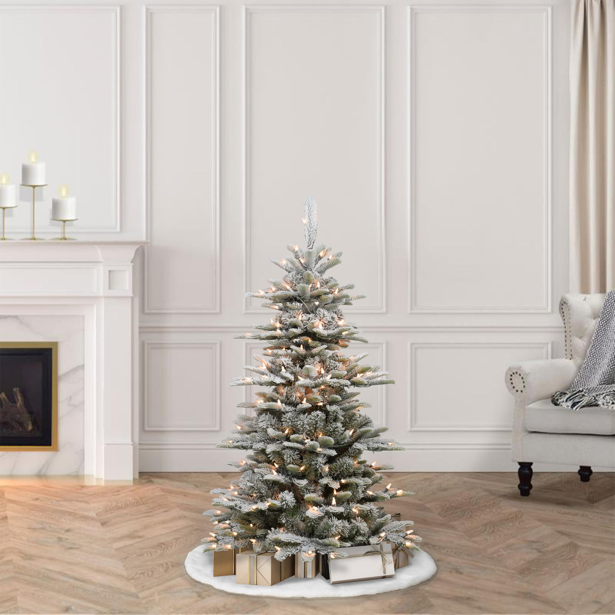 Puleo International Pre-Lit 4.5' Slim Flocked Aspen Fir Artificial Christmas Tree with 200 Lights, Green Puleo International