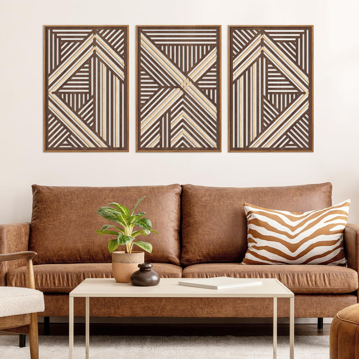 CHDITB Boho Geometric Wood Wall Art(Set of 3, 16"x24"), Large Modern Wooden Panel Hollow Line Art Decor, Rustic Abstract Minimalist Wall Hanging Artwork for Bedroom Living Room Office CHDITB