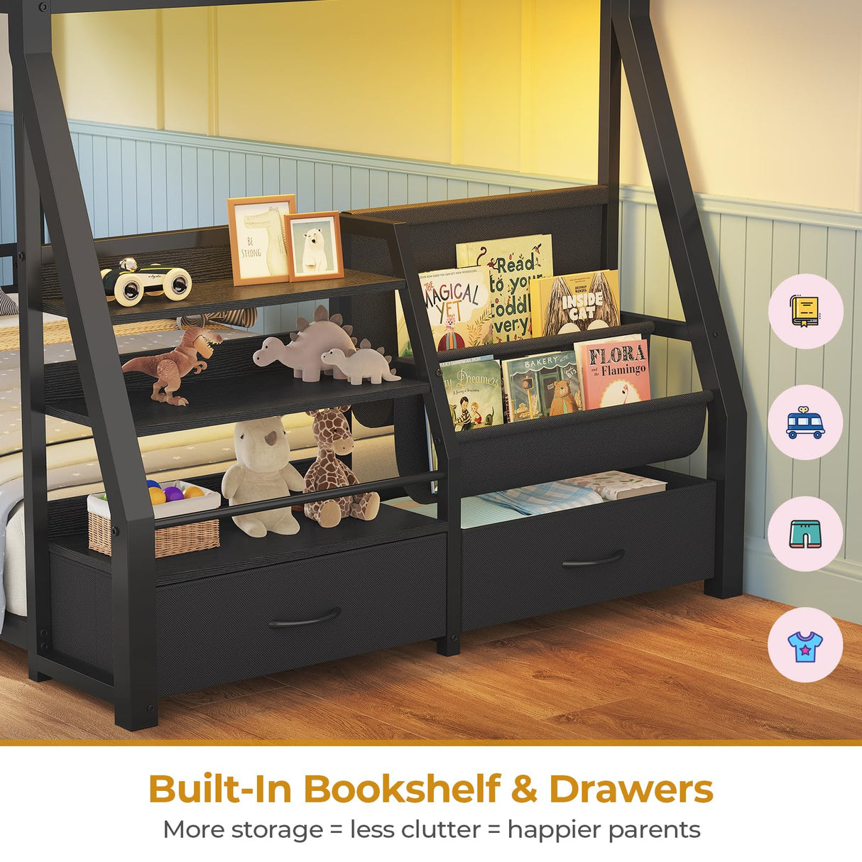 ADORNEVE Low Bunk Bed Twin Over Twin with Storage Bookshelves, 2 Drawers & Power Outlet, LED Metal Floor Bunk with Full-Length Guardrail & Metal Slats, No Box Spring Needed, for Kids, Black ADORNEVE