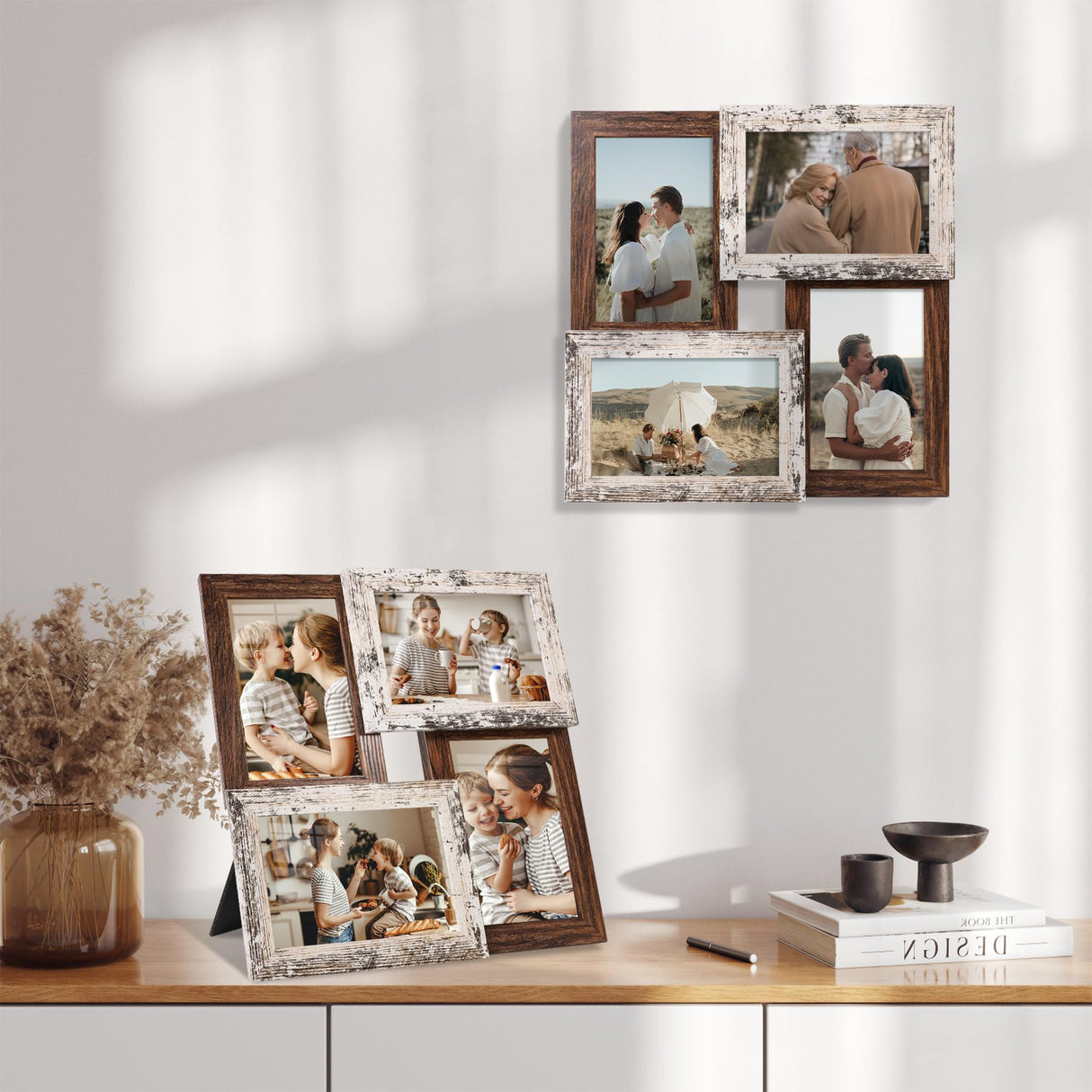 YESKAY 4x6 Collage Picture Frames, Multi Family Photo Frame with Real Glass, Displays Four 4x6 Photo, Wall Decor Wall Hanging or Tabletop, Distressed White+Rustic Brown YESKAY