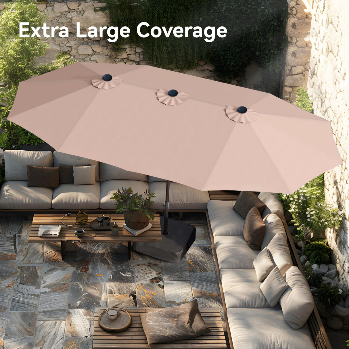 PHI VILLA 15ft Large Patio Umbrellas with Base Included, Outdoor Double-Sided Rectangle Market Umbrella with Crank Handle, for Poolside Lawn Garden, Beige PHI VILLA